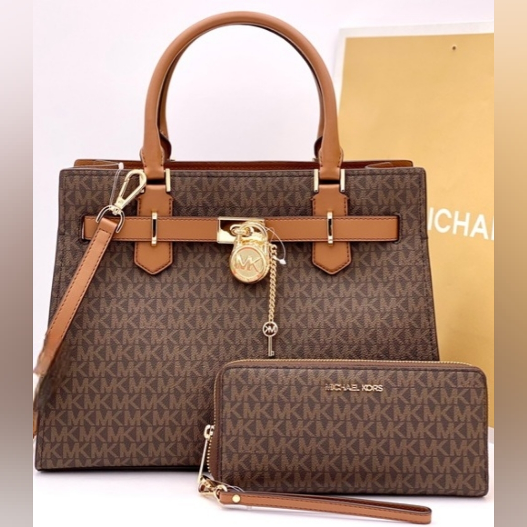 Michael Kors Hamilton Md Satchel And Continental Wallet Set Brown Logo Work